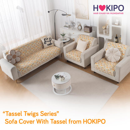 Quilted Sofa Cover 5-Seater Sofa Cover (3+1+1), Tassel Twigs | Sunlit Butterfly