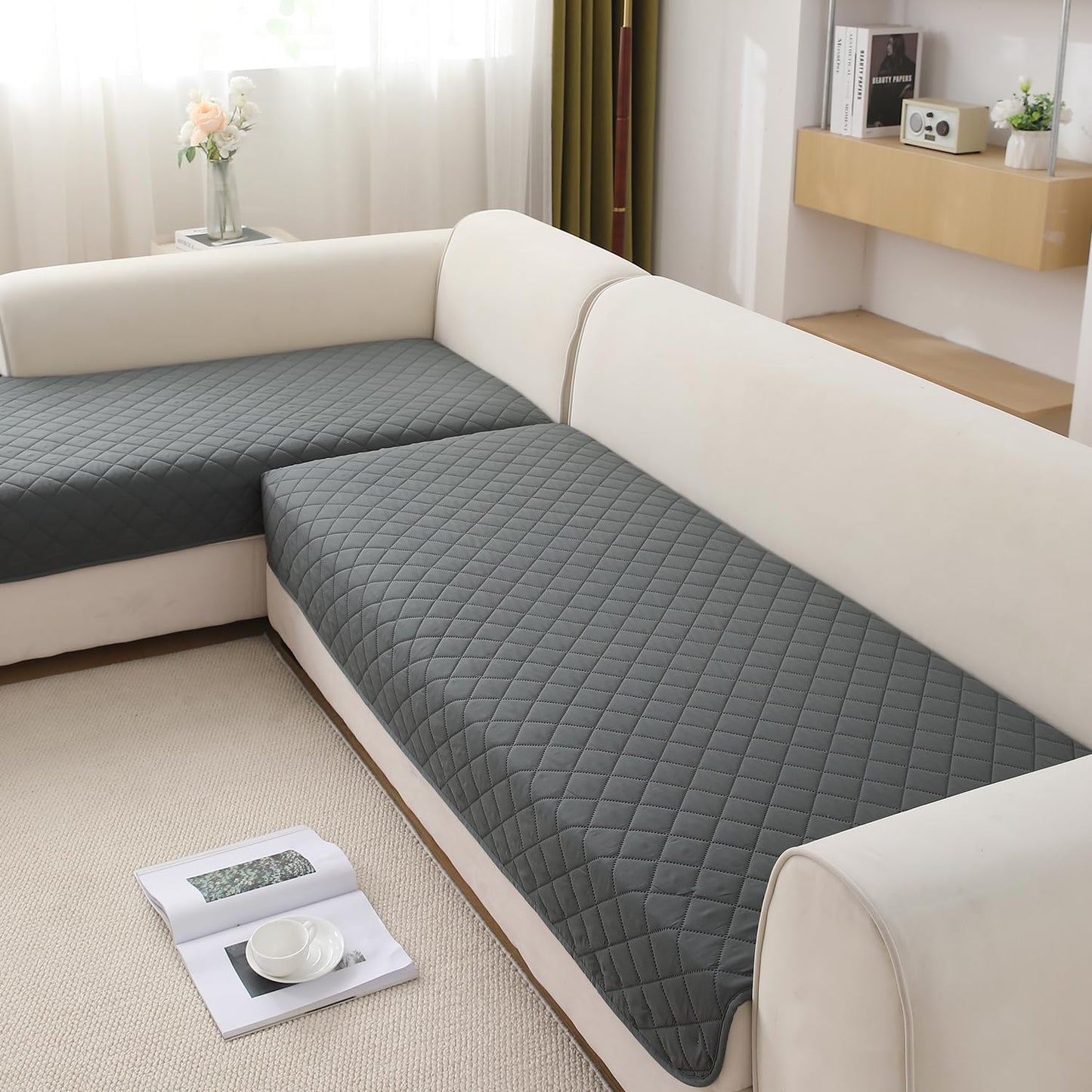 HOKIPO Waterproof Quilted Quick Dry L Shape Sofa Seat Cover Mat, Dark Grey