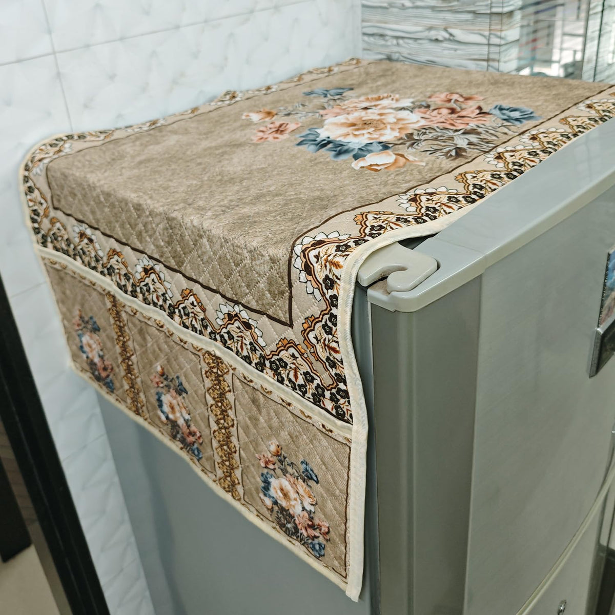 Eternal Floral Printed Quilted Fridge Top Cover with side Pockets - Whispering Roses
