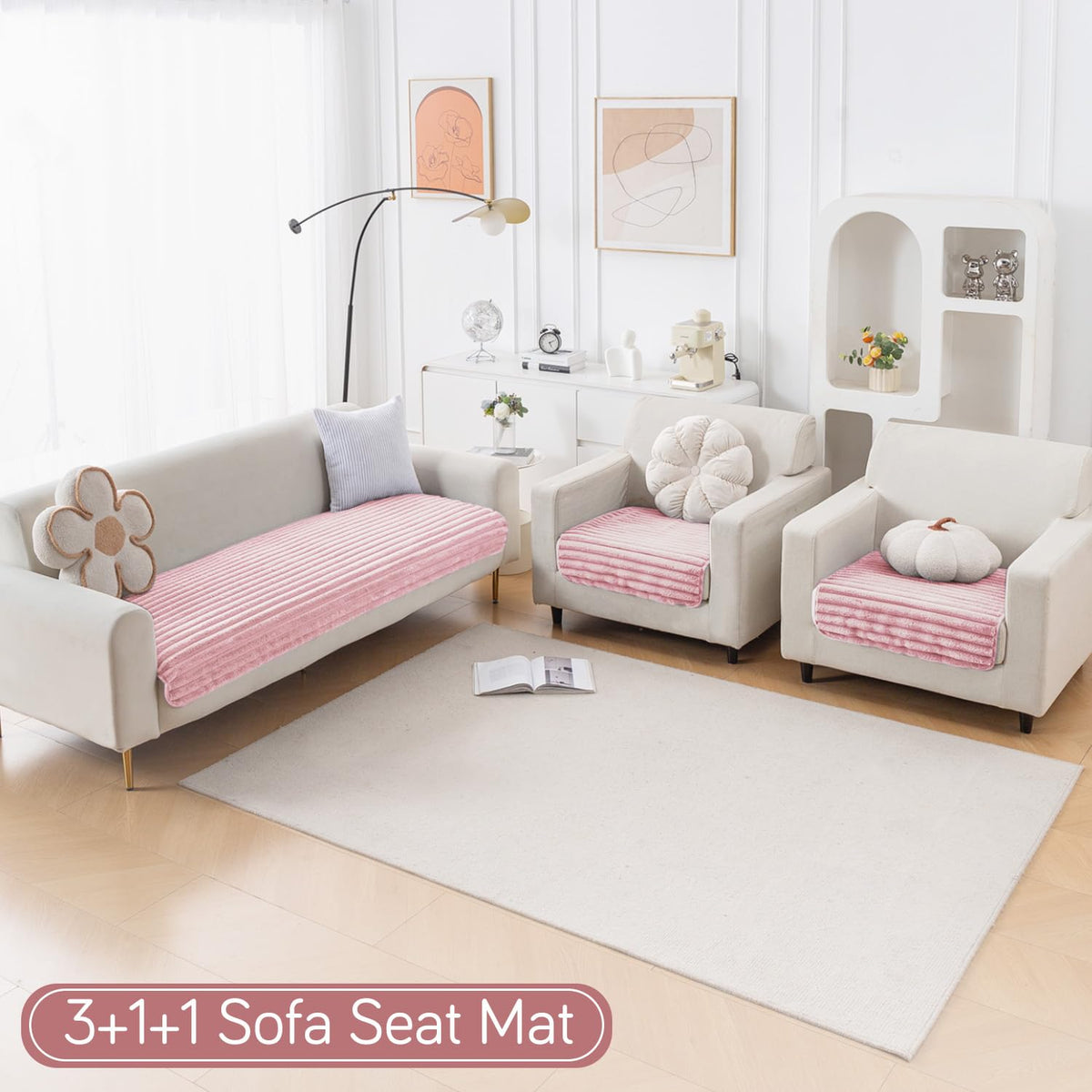 Faux Rabbit Fur Sofa Cover Combination Set, 'Snuggle Fur Series' Soft Pink