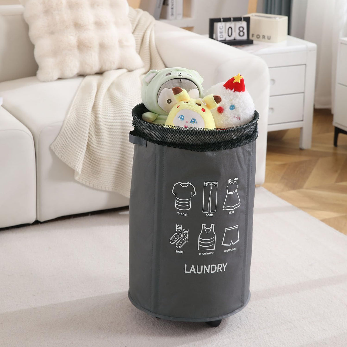 Laundry Basket Foldable Hamper With Wheels, Grey