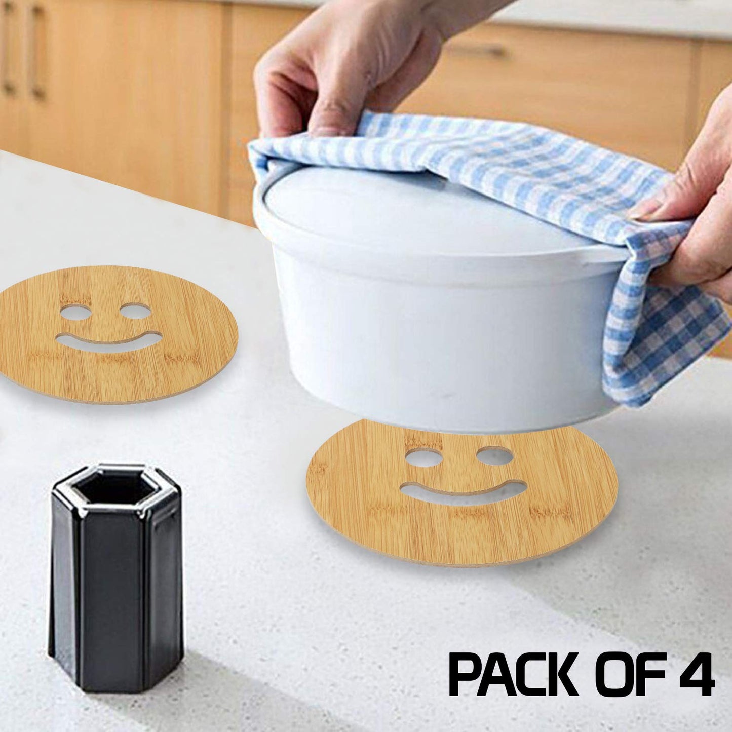 HOKIPO Smily Bamboo Wooden Coasters for Home Pan Pot Holder - Pack of 2/4/6