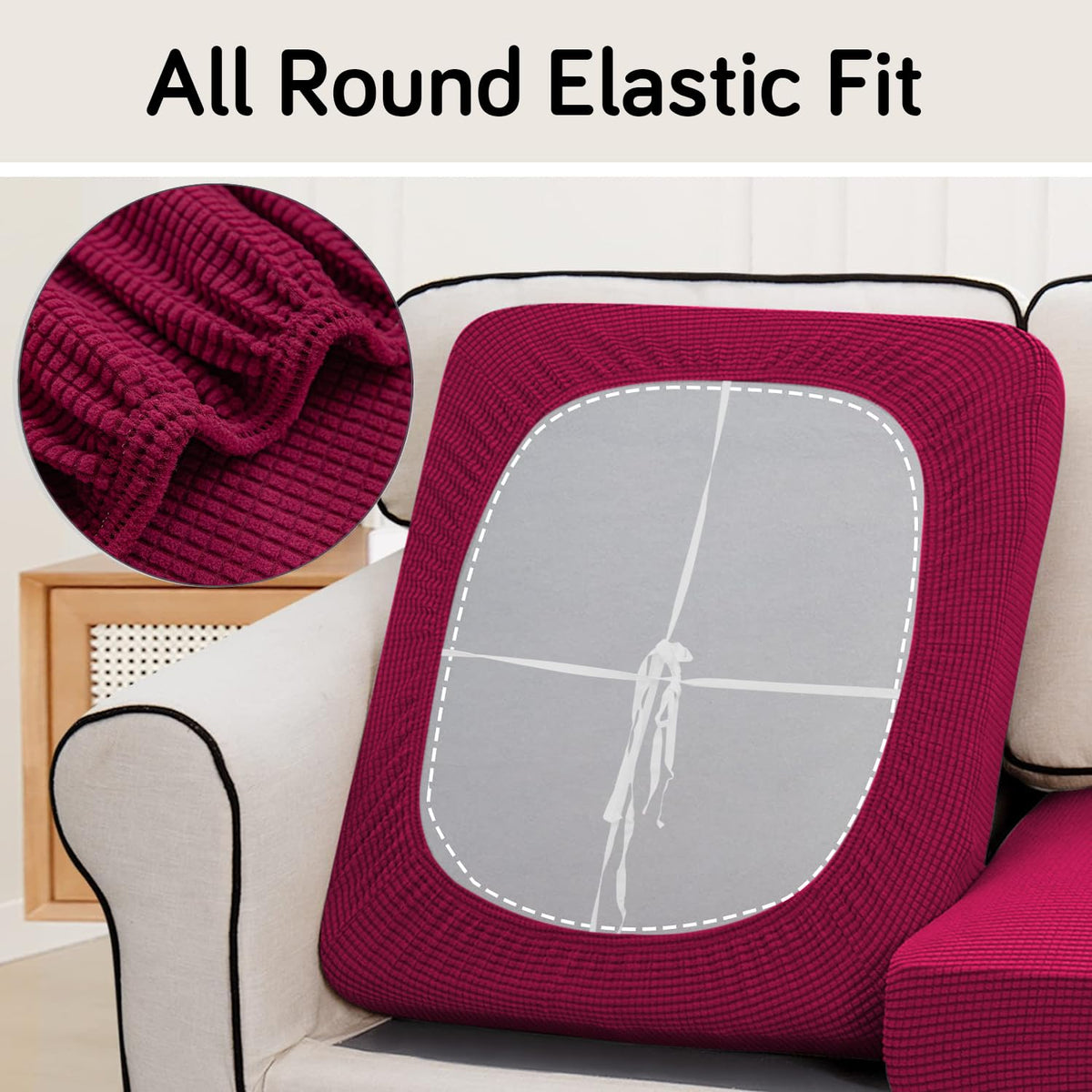 Stretchable Thick Jacquard Textured Seat Cushion Cover for 1/2/3 Seaters / Pieces for Sofa, Maroon