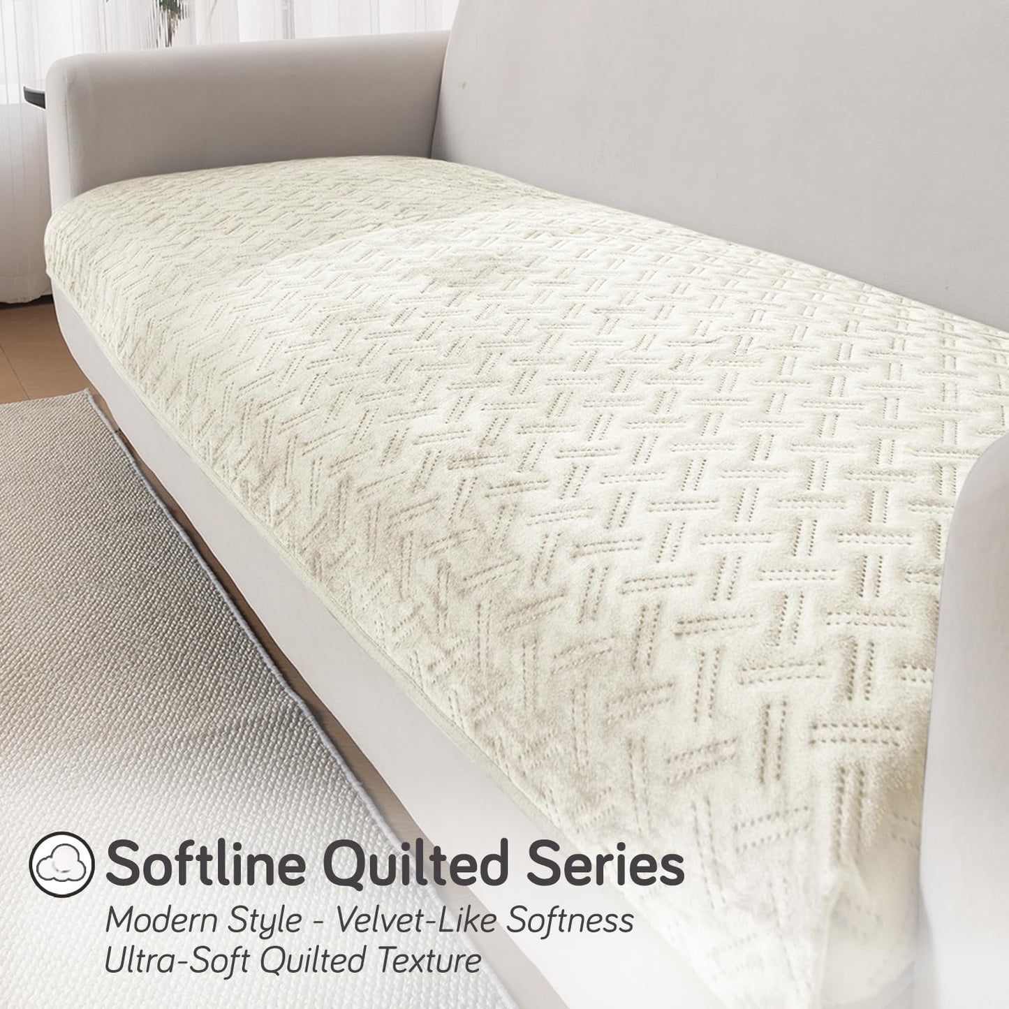 Premium Velvety Quilted Softline 5-Seater Sofa Cover (3+1+1), Butter Cream