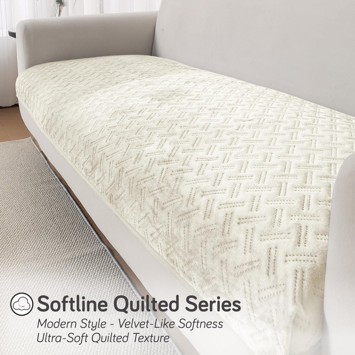Premium Velvety Quilted Softline 5-Seater Sofa Cover (3+1+1), Butter Cream
