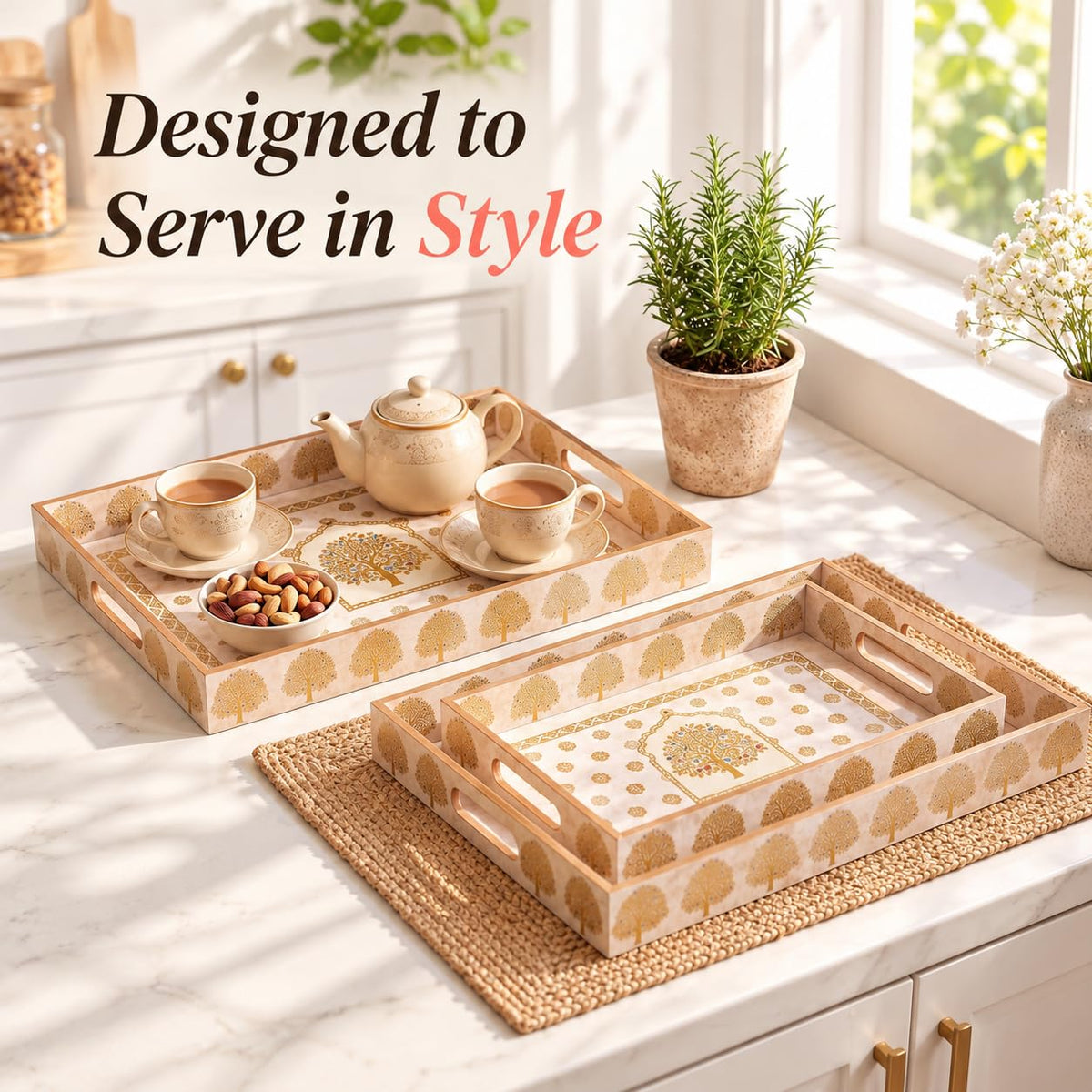 HOKIPO Serving Tray Set of 3, Engineered Wood, Swarna Vriksha - image 3