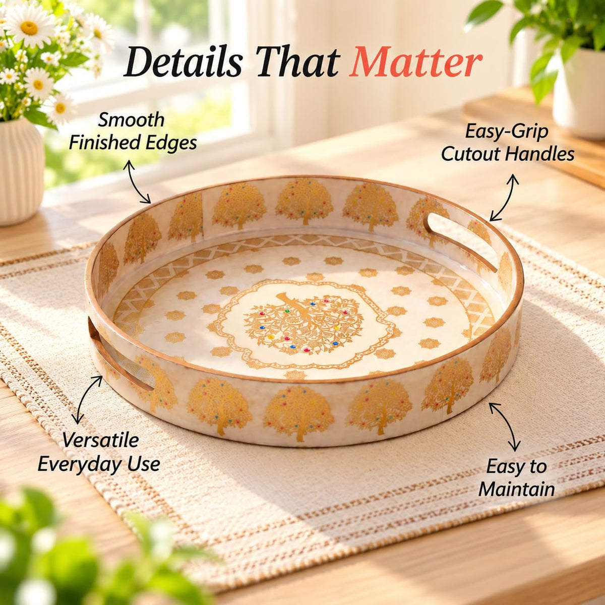 HOKIPO Round Serving Tray 12 in, Engineered Wood, Swarna Vriksha - image 8