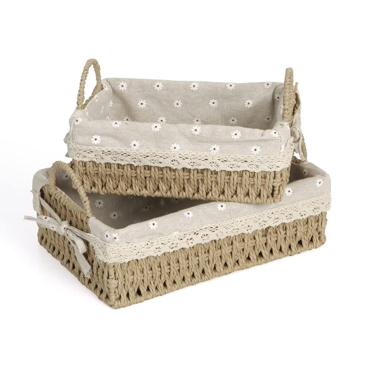 Environmental Friendly Paper Rope Wicker Storage Baskets with Handle, Pack of 2, Beige