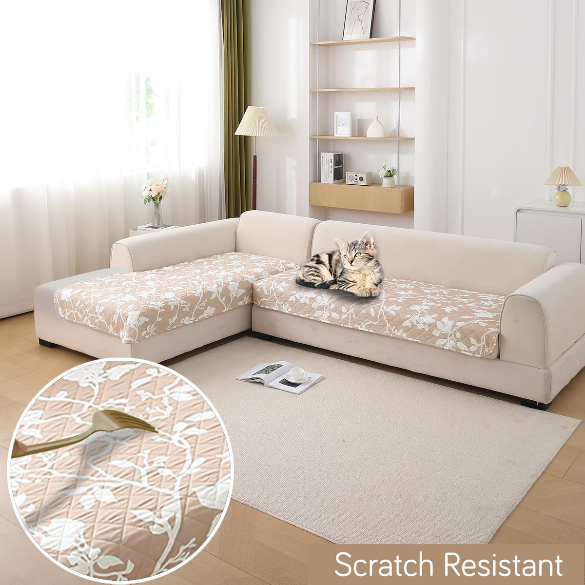 Waterproof Printed Quilted Quick Dry L Shape Sofa Seat Cover Mat, Buff Brown Sillehoute Floral