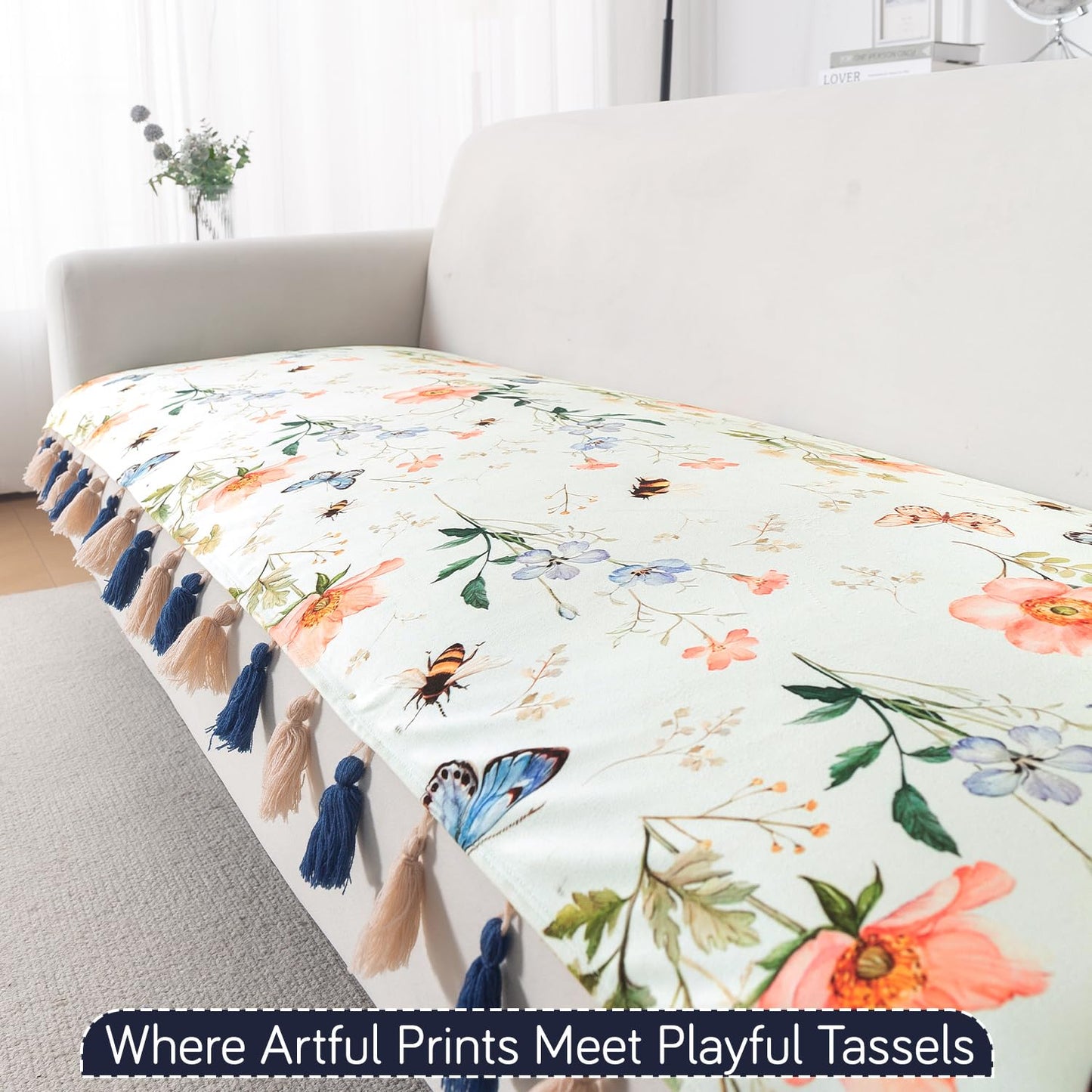'Whispers of Nature' Series Holland Velvet Sofa Seat Mat with Tassel, Pastel Butterfly Meadow