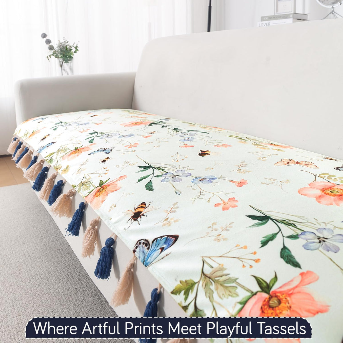 'Whispers of Nature' Series Holland Velvet Sofa Seat Mat with Tassel, Pastel Butterfly Meadow