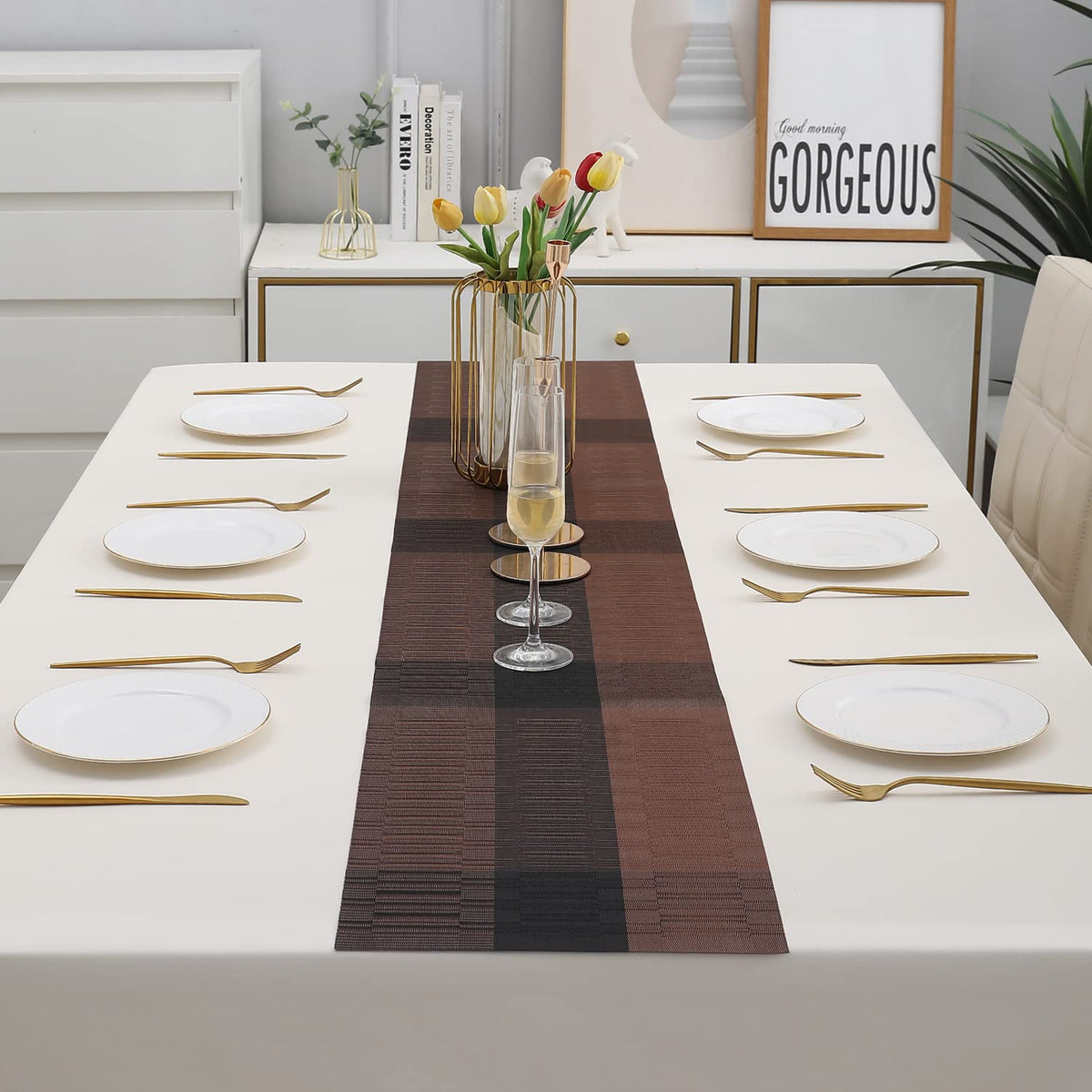 Buy Metallic Brown Colour PVC Table Runner for 6 Seater Tables | HOKIPO
