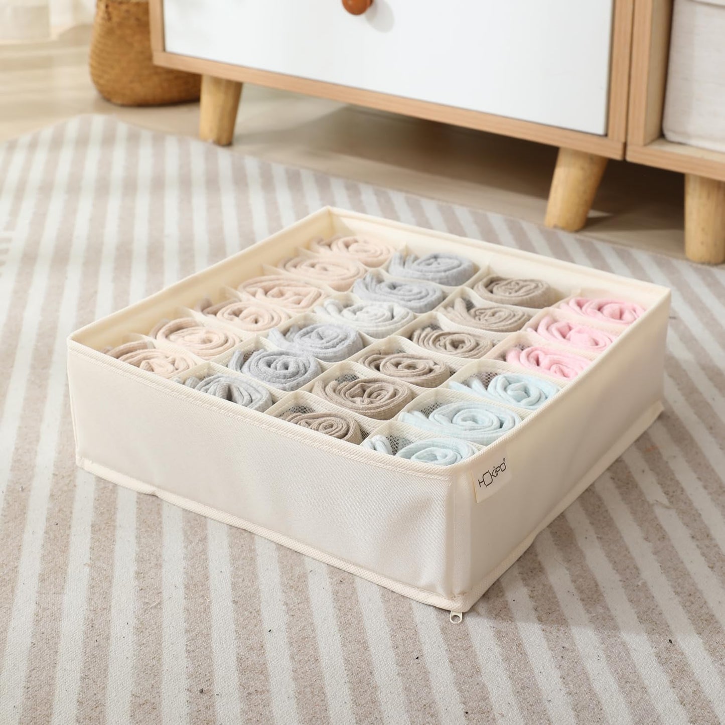 Undergarment Organizer Storage Box for Drawers Panty Socks Tie Lingerie Organizer for Wardrobe, 7/16/24 Grid, Beige