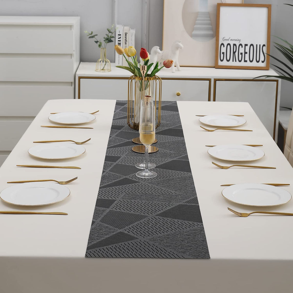 Buy Abstract Black Colour PVC Dining Table Runner for 6 Seater Tables | HOKIPO