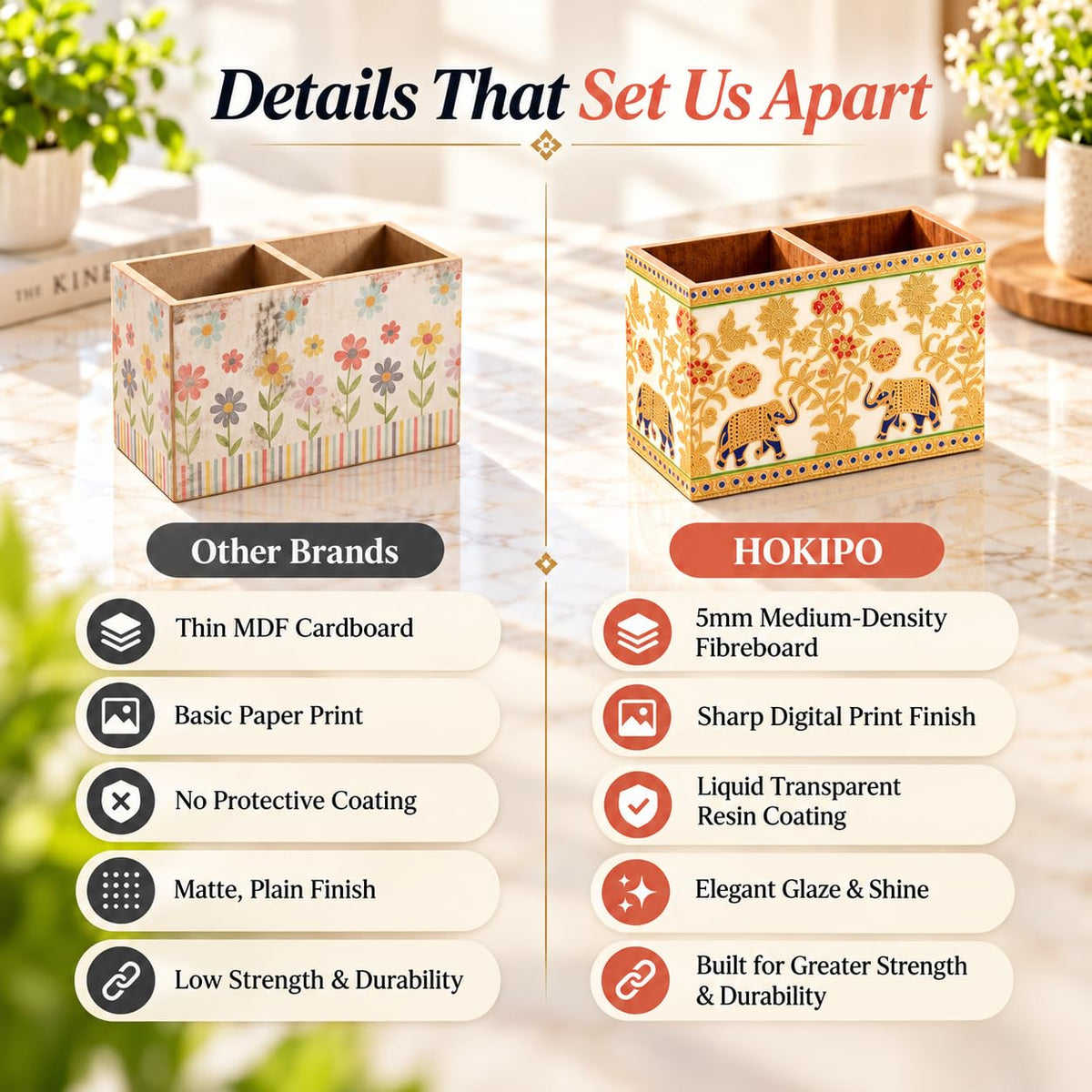 HOKIPO Cutlery Holder for Dining Table, Engineered Wood, Royal Gulistaan - image 3