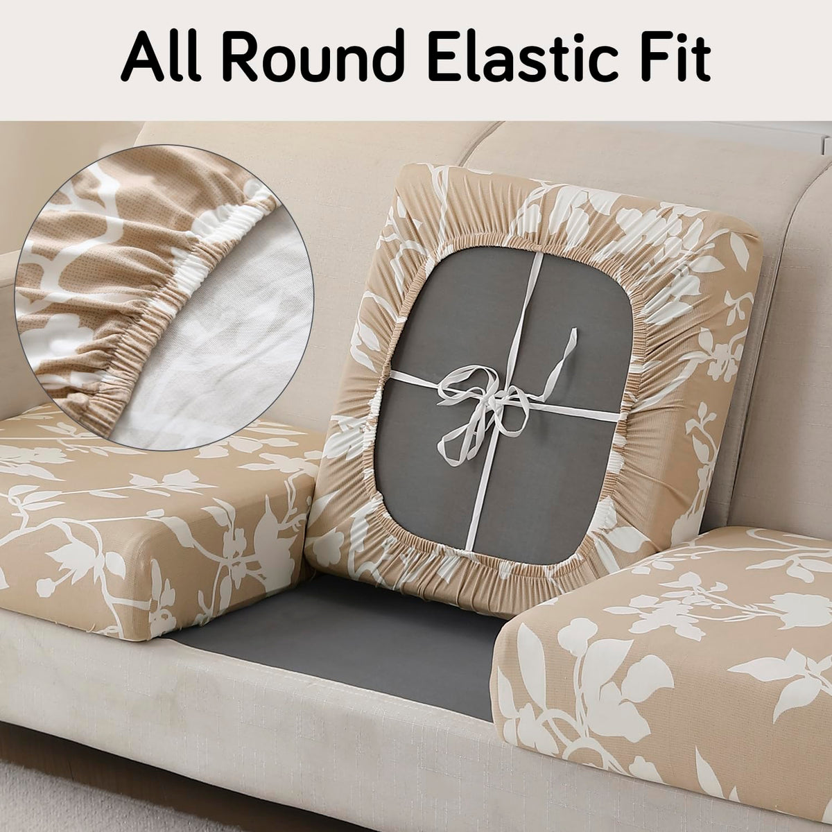 140 GSM Stretchable Printed Elastic Sofa Cushion Seat Cover for 1 /2 /3 Seaters / Pieces for Sofa, Buff Brown Sillehoute Floral