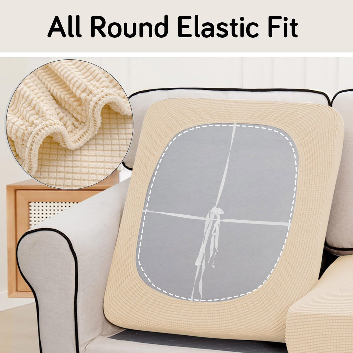 Stretchable Thick Jacquard Textured Seat Cushion Cover for 1/2/3 Seaters / Pieces for Sofa, Beige