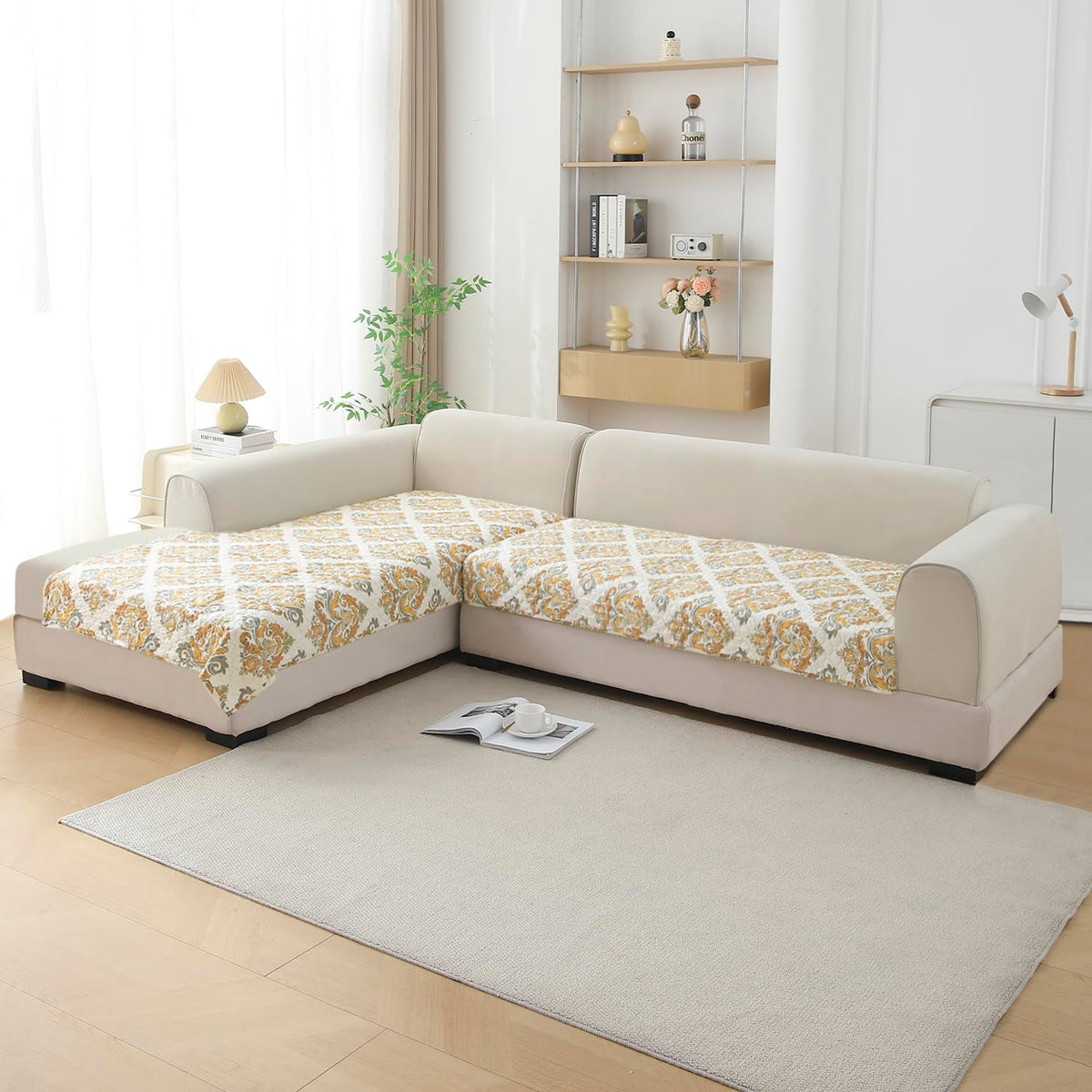 Quilted Printed L Shape Sofa Cover Mat for 2+2/3+2/3+3 Seater, Damask Beige