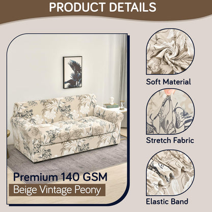 Printed Stretchable Sofa Slipcover with 1/2/3 Pc Separate Seat Cushion Cover for each 1/2/3 Seater, Beige Vintage Peony