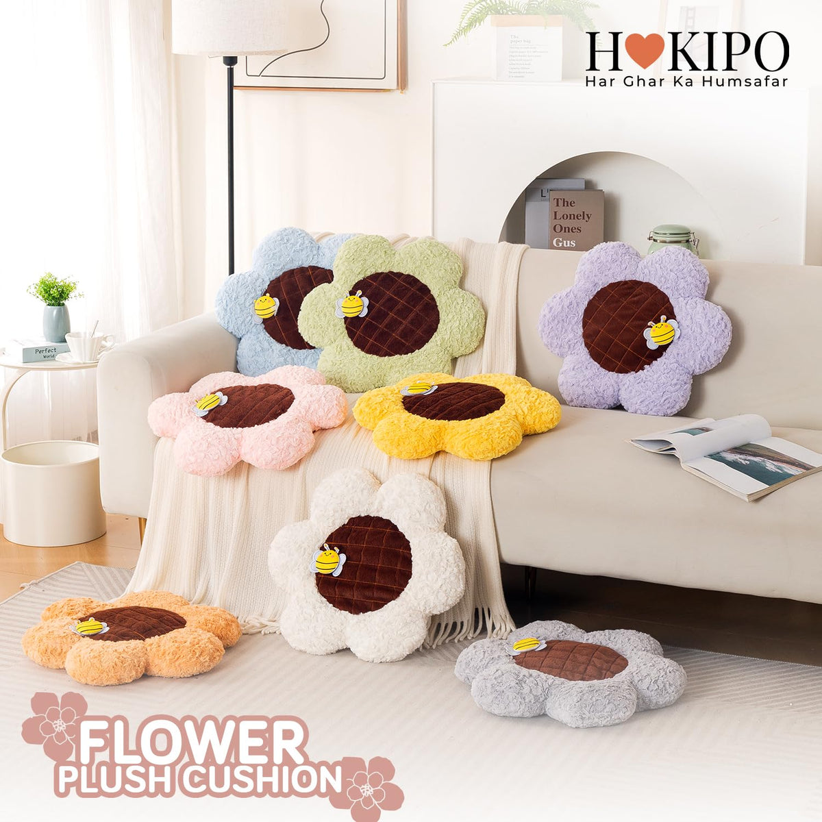 HOKIPO Sunflower Bee Cushion for Sofa & Bed, 50 cm, Pink