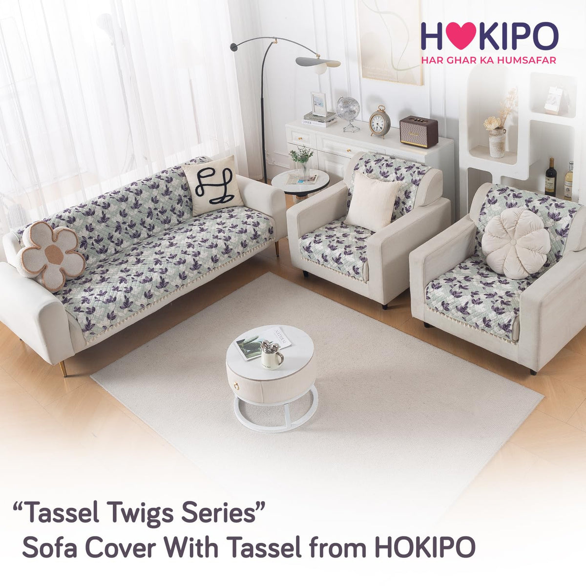 Quilted Sofa Cover 5-Seater Sofa Cover (3+1+1), Tassel Twigs | Lavender Vine