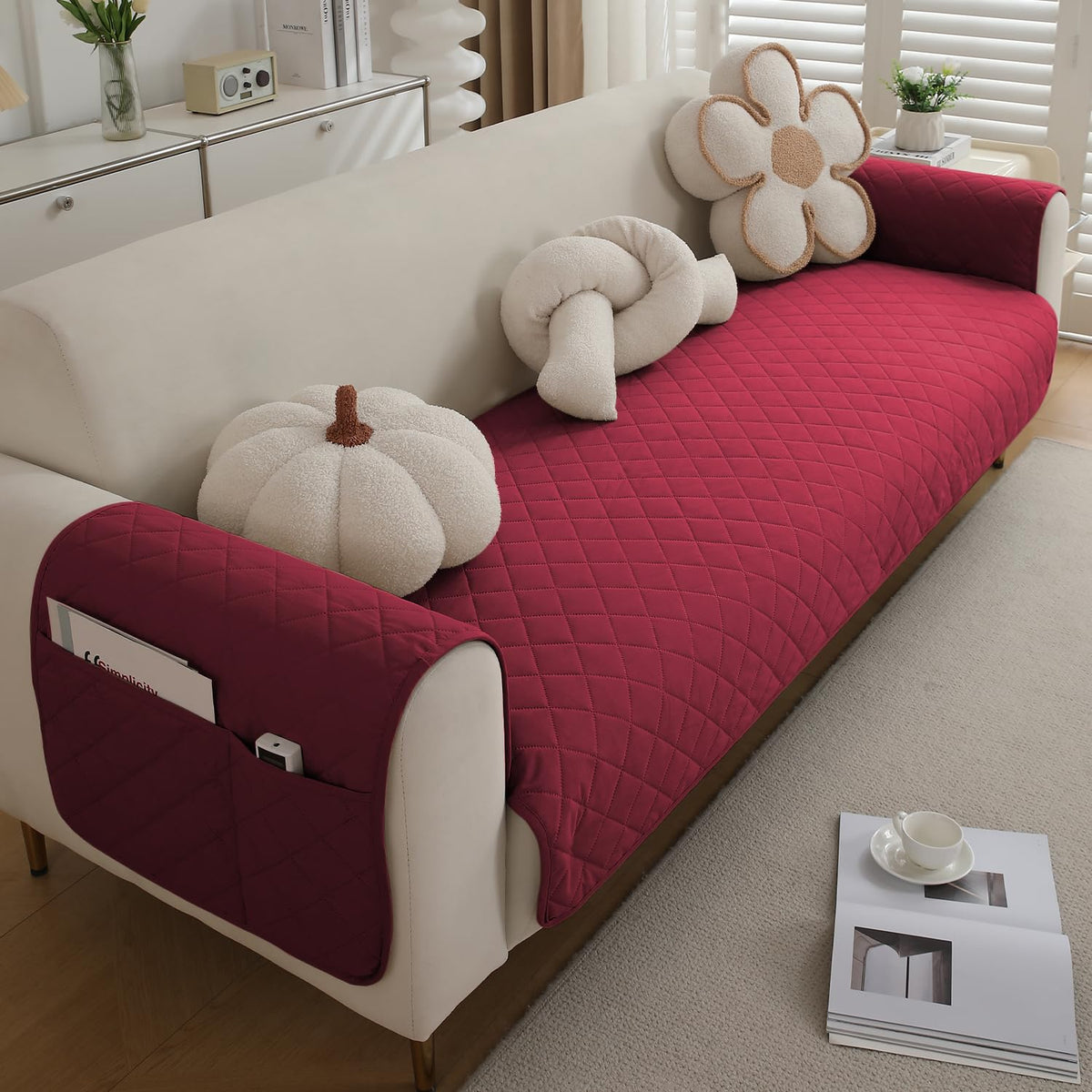 Quilted Waterproof Sofa Seat Mat for 1/2/3 Seater Sofa with 2 Armrest Covers with Pockets, Maroon