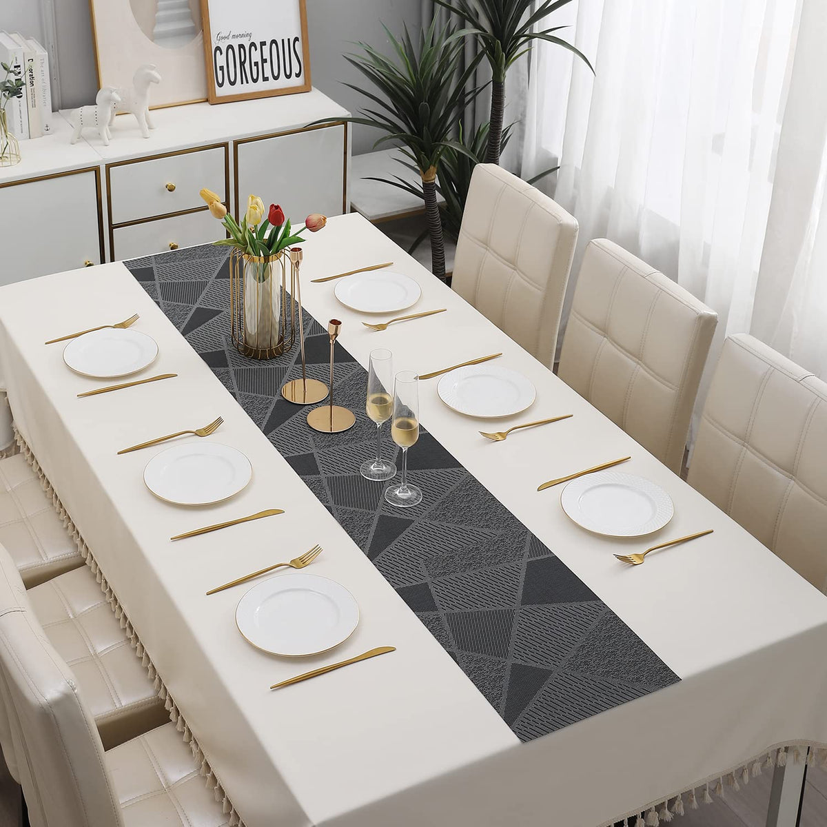 Buy Abstract Black Colour PVC Table Runner for Dining Table | HOKIPO