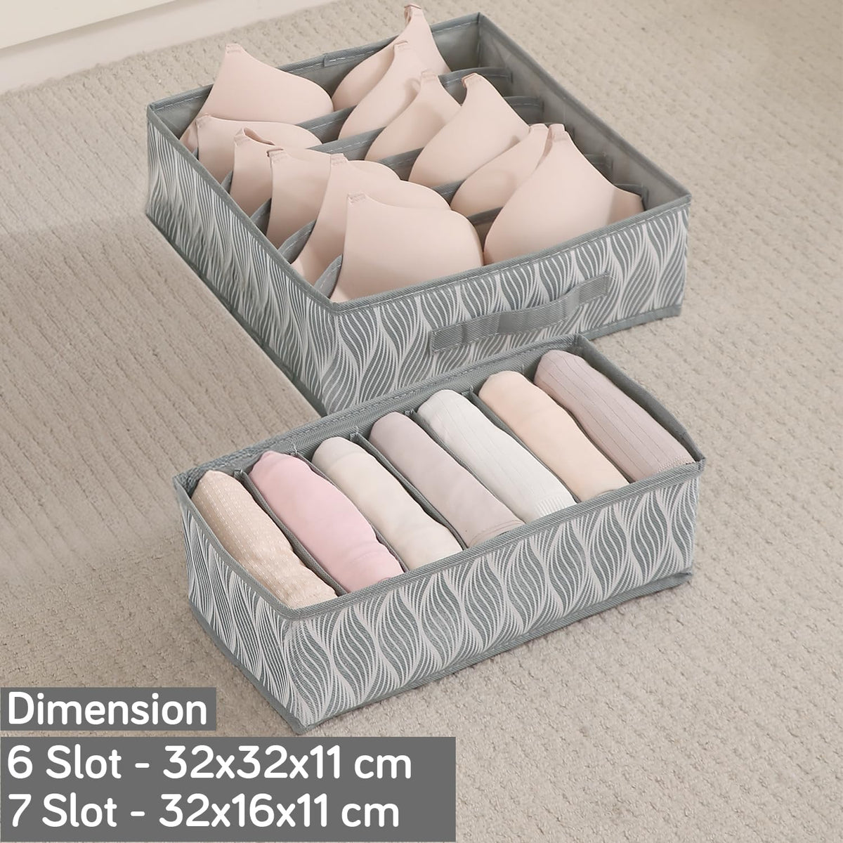 Lingerie Organizer for Women – Bra Organizer for Wardrobe & Drawers | Foldable Innerwear Organiser for Bras, Camisoles | Non-Woven Fabric, Grey leaves