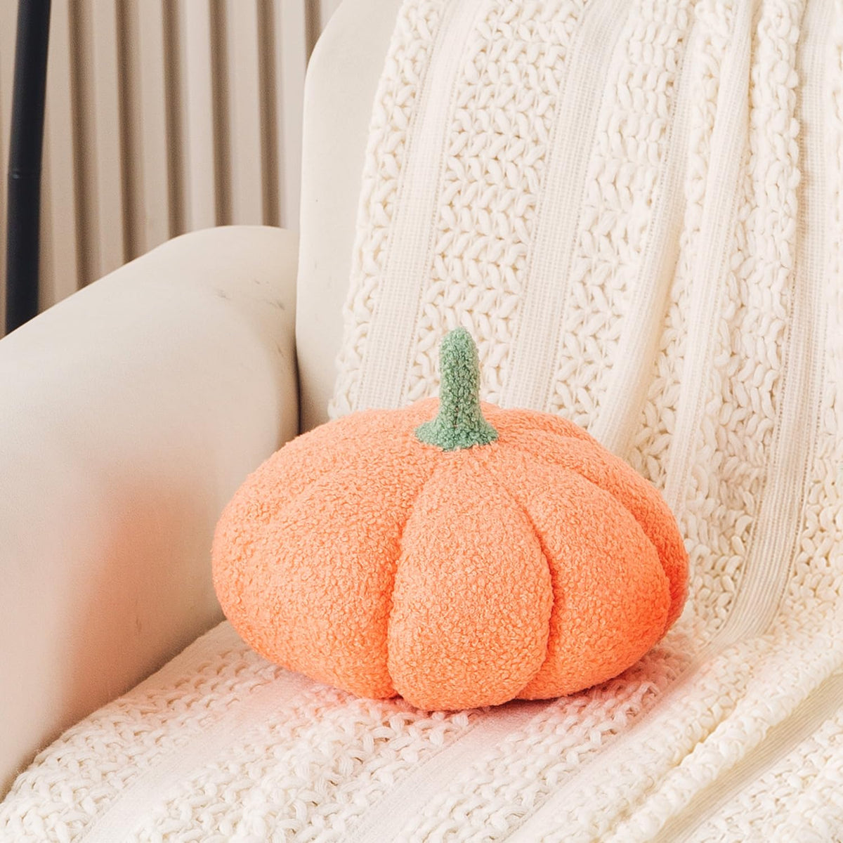 HOKIPO Pumpkin Shaped Plush Cushion for Autumn Decor, 29 cm, Peach