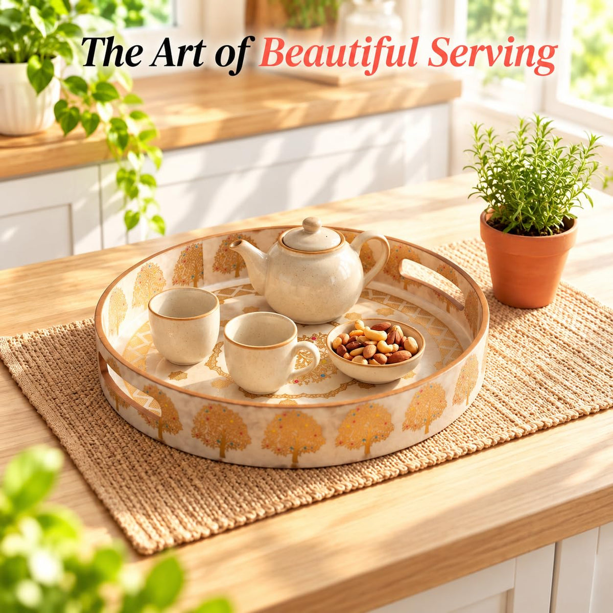 HOKIPO Round Serving Tray 12 in, Engineered Wood, Swarna Vriksha - image 3