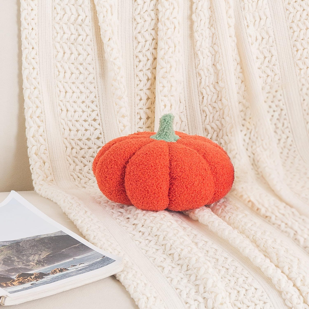 HOKIPO Pumpkin Shaped Plush Cushion for Autumn Decor, 19 cm, Orange