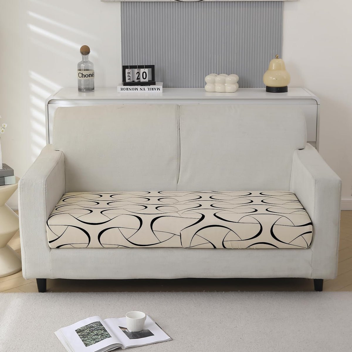 140 GSM Stretchable Printed Elastic Sofa Cushion Seat Cover for 1 /2 /3 Seaters / Pieces for Sofa, Natural Beige Abstract Art