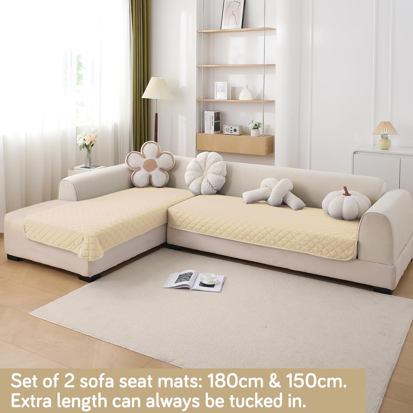HOKIPO Waterproof Quilted Quick Dry L Shape Sofa Seat Cover Mat, Beige