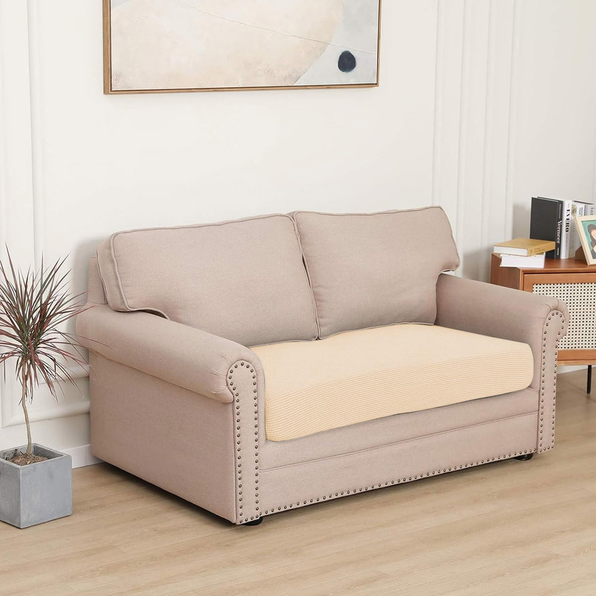 Stretchable Thick Jacquard Textured Seat Cushion Cover for 1/2/3 Seaters / Pieces for Sofa, Beige