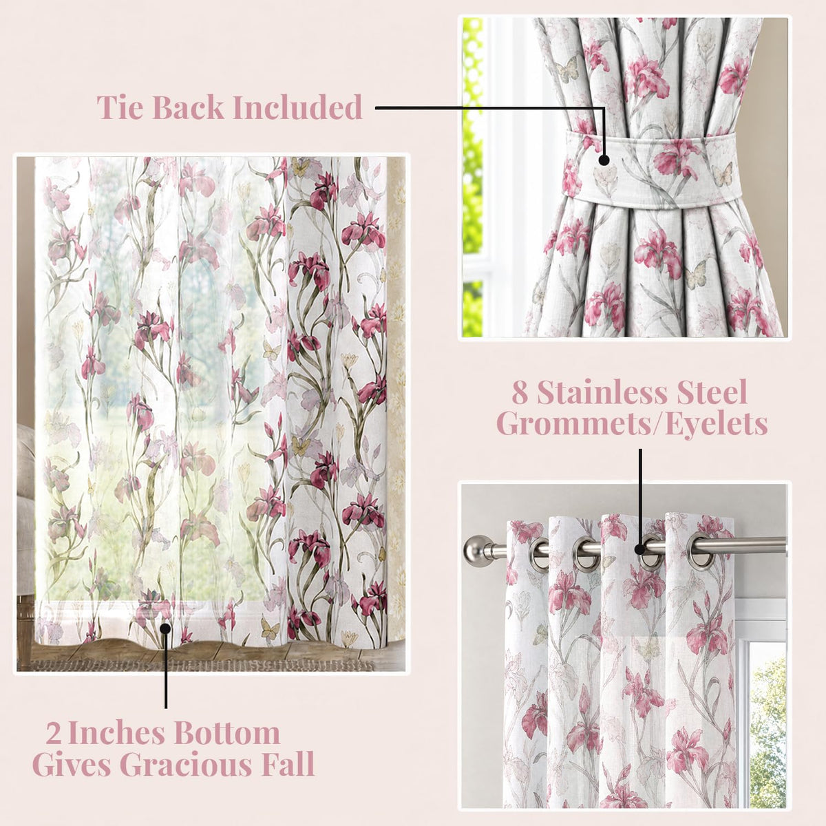 HOKIPO Iris Sheer Curtains, 7 Feet Long - Onion Pink - image 4