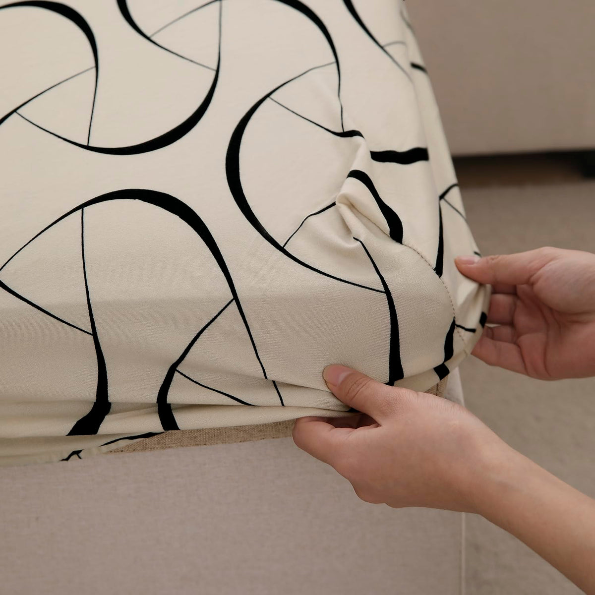140 GSM Stretchable Printed Elastic Sofa Cushion Seat Cover for 1 /2 /3 Seaters / Pieces for Sofa, Natural Beige Abstract Art