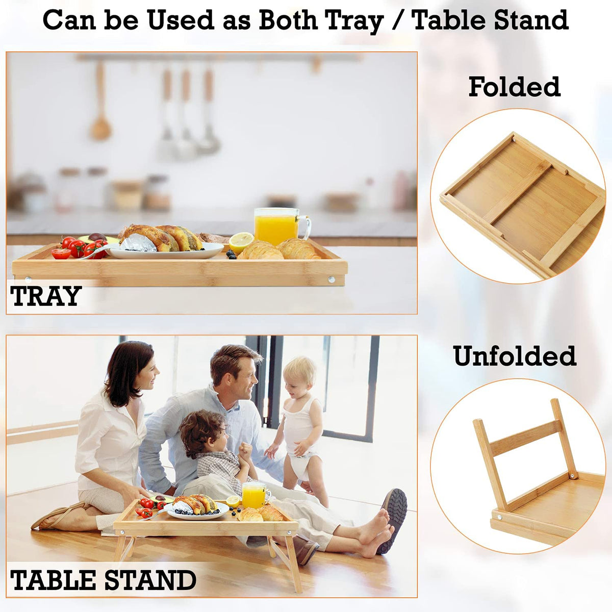 Wooden Breakfast Tray | Bed Tray Table For Food| Foldable Serving Tray For Snacks, Lunch Dinner, 50X30X23 cm