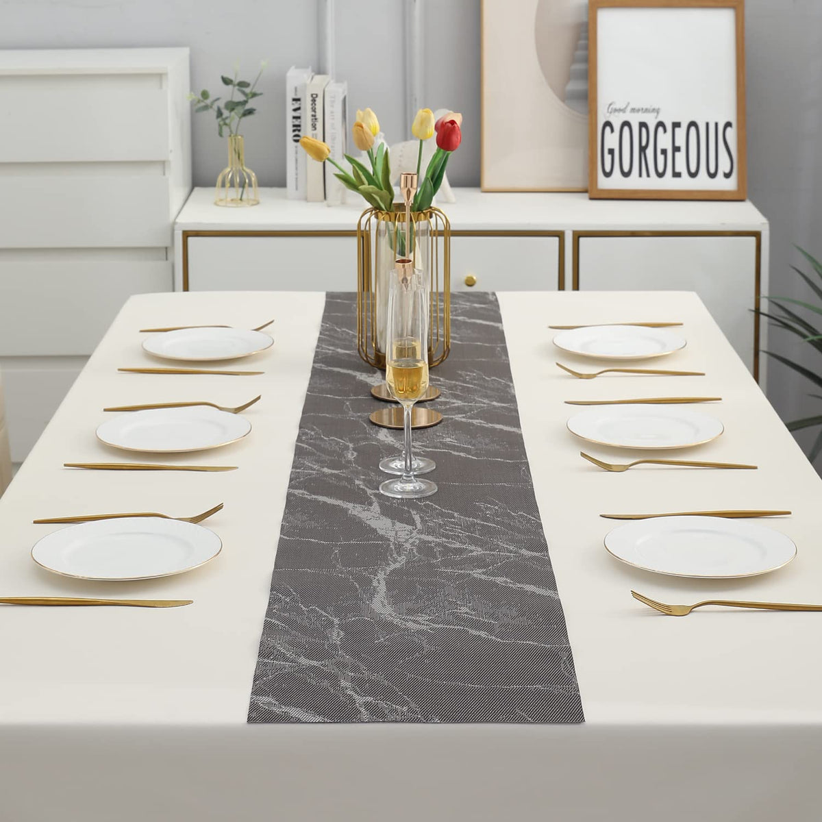 Buy Abstract Brown Colour PVC Dining Table Runner for 6 Seater Tables | HOKIPO