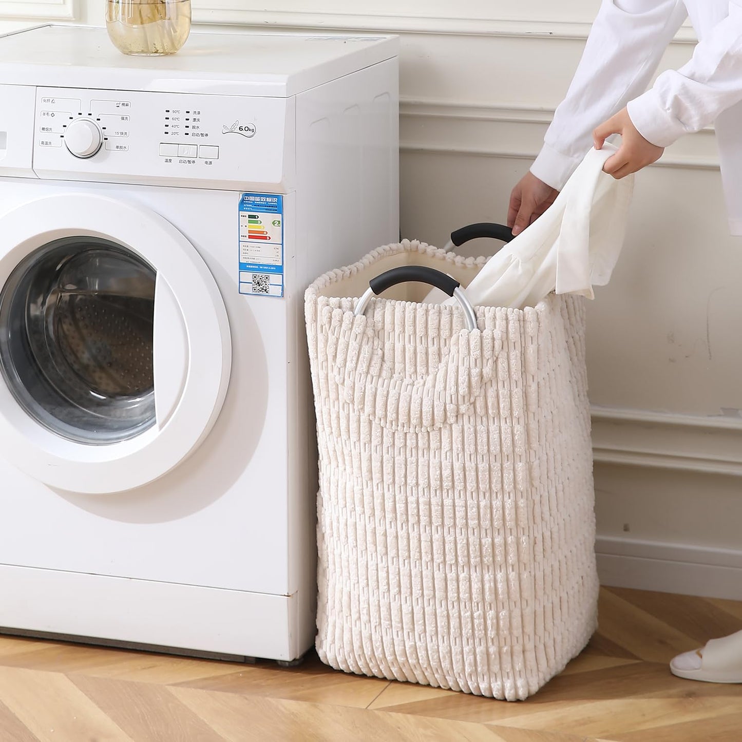 Folding Laundry Bag for Clothes Hamper Basket, Collapsible Storage Basket, Cream