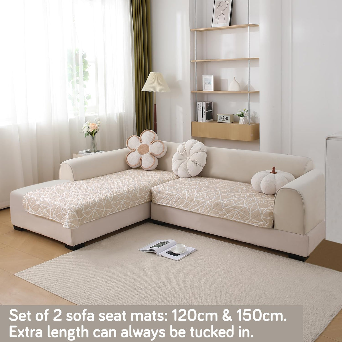 Waterproof Printed Quilted Quick Dry L Shape Sofa Seat Cover Mat, Beige Abstract Geometry