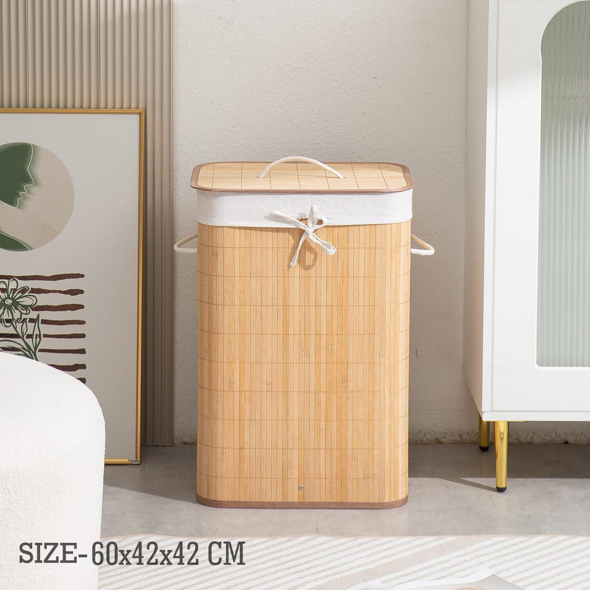 Eco-Friendly Foldable Bamboo Laundry Basket Hamper with Lid, Large - 81 Liter, Light Brown