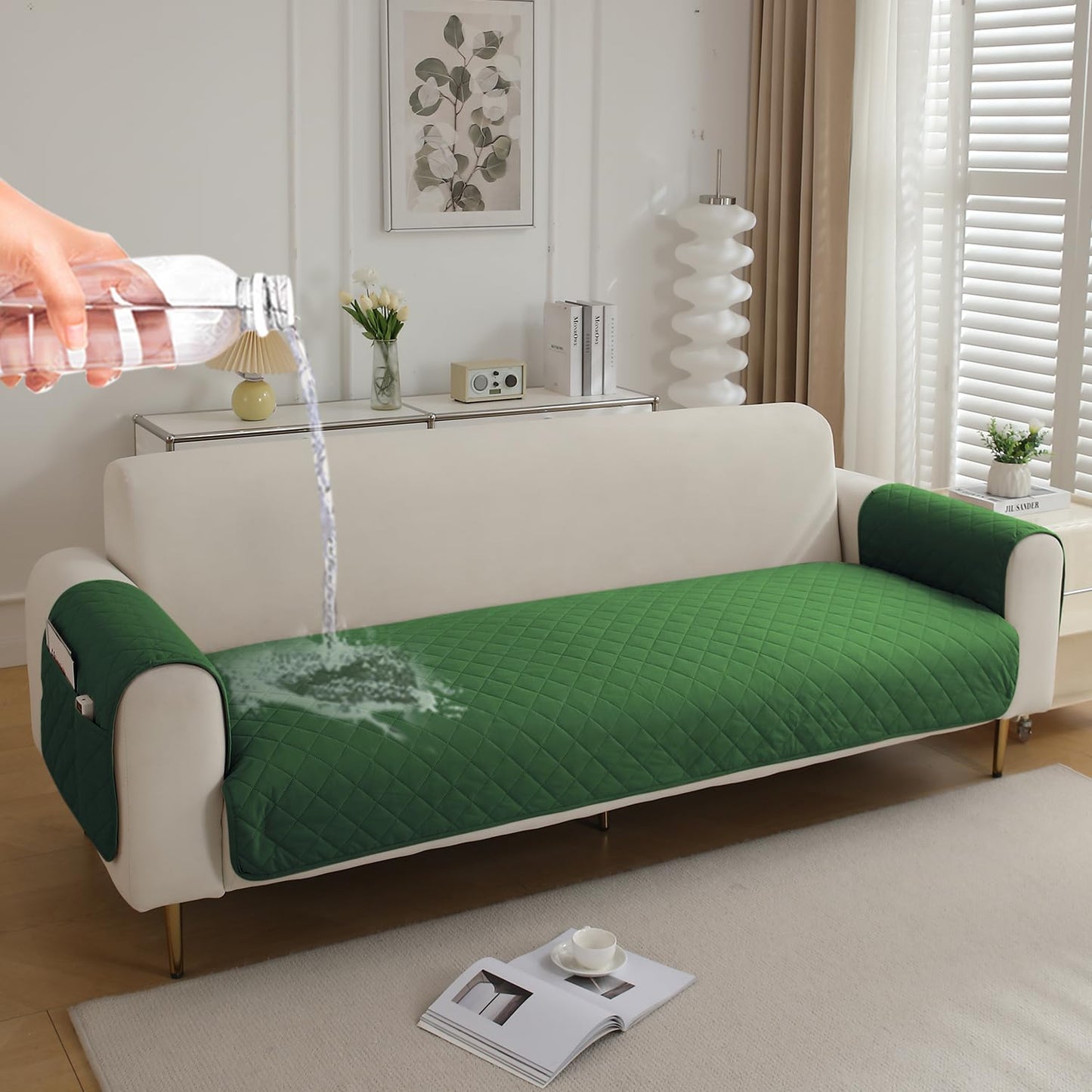 HOKIPO Quilted Waterproof Sofa Seat Mat for 1/2/3 Seater Sofa with 2 Armrest Covers with Pockets, Green