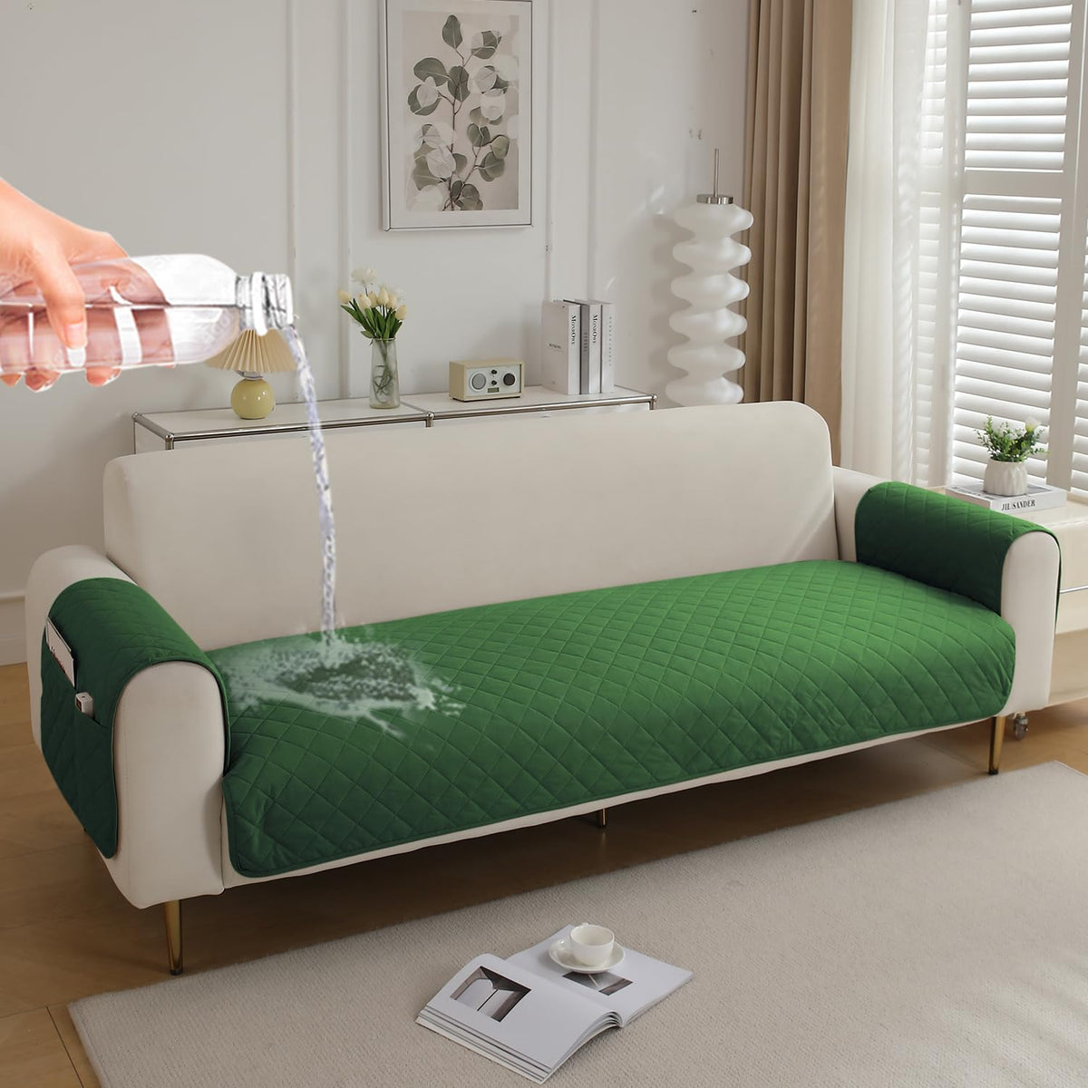Quilted Waterproof Sofa Seat Mat for 1/2/3 Seater Sofa with 2 Armrest Covers with Pockets, Green