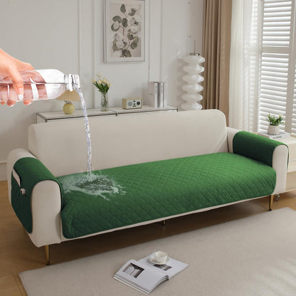HOKIPO Quilted Waterproof Sofa Seat Mat for 1/2/3 Seater Sofa with 2 Armrest Covers with Pockets, Green