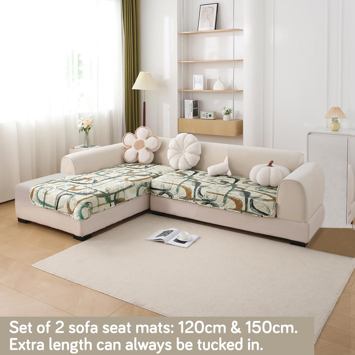Waterproof Printed Quilted Quick Dry L Shape Sofa Seat Cover Mat, Parchement Beige Abstract Art