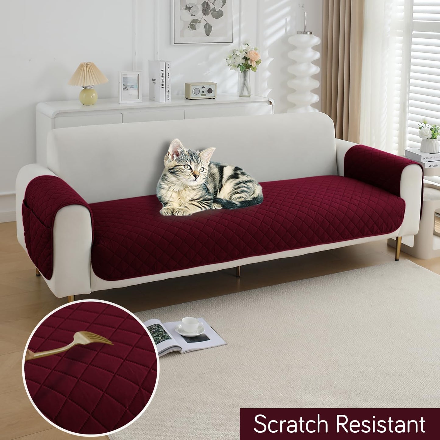 HOKIPO Quilted Waterproof Sofa Seat Mat with 2 Armrest Covers with Pockets, Burgundy