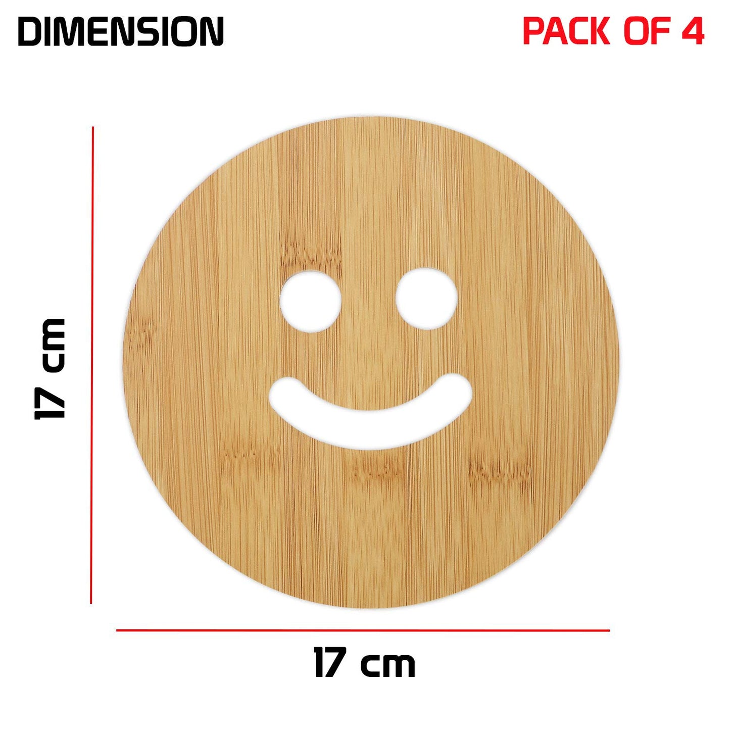 HOKIPO Smily Bamboo Wooden Coasters for Home Pan Pot Holder - Pack of 2/4/6
