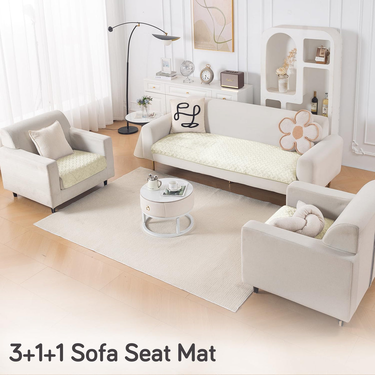 Premium Velvety Quilted Softline 5-Seater Sofa Cover (3+1+1), Butter Cream