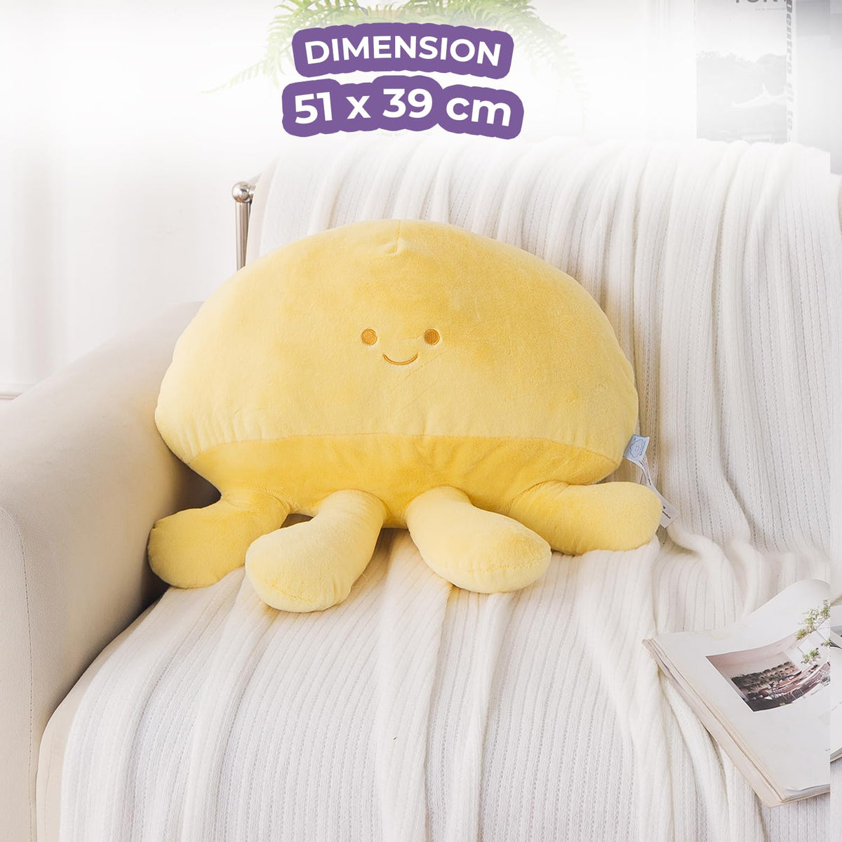 HOKIPO Octopus Shaped Cushion for Kids Room & Nursery, 51x39 cm, Yellow