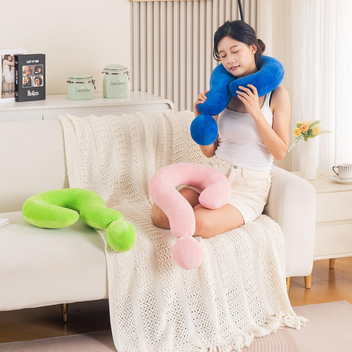HOKIPO Small Question Mark Neck Pillow for Travel & Home, Light Pink